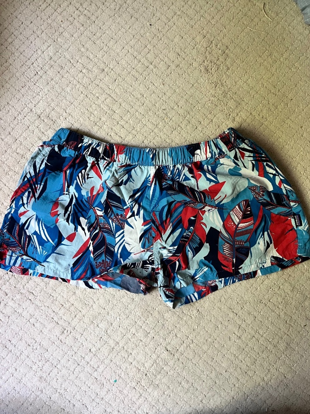 Patagonia Baggies Shorts XL Tropical Leaf Print Blue Red Outdoor Hiking Swim Wom